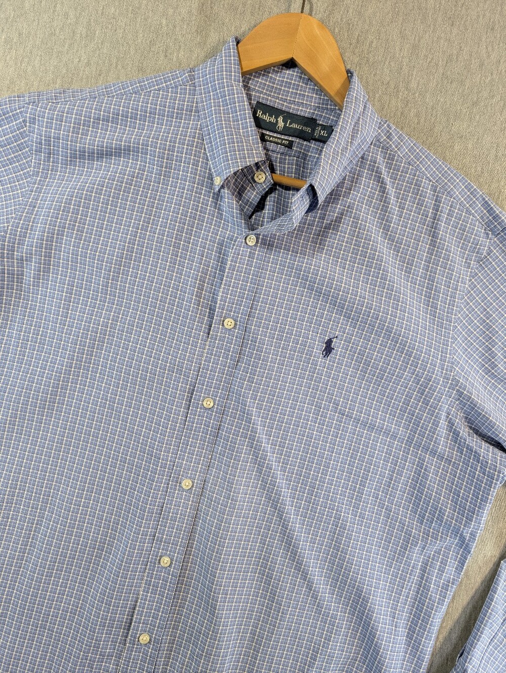 Ralph Lauren Dress Shirt Men's XL Check Plaid Button Down Classic Fit Blue White